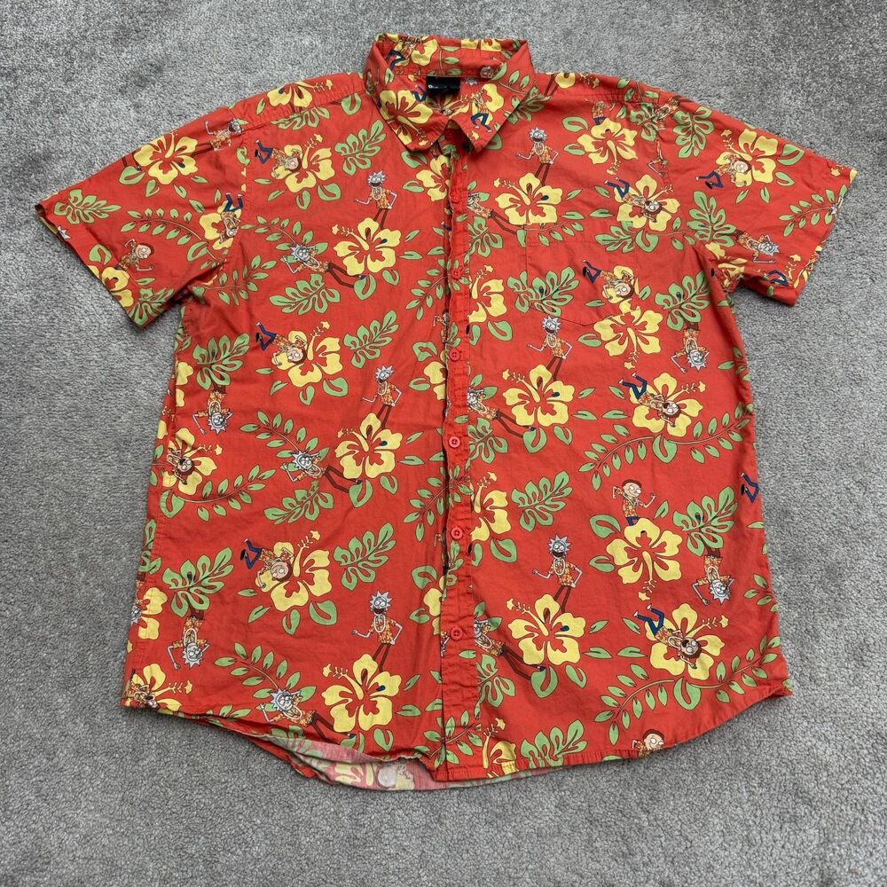Rick and Morty Tropical Floral Button Up Shirt Mens XL Red Adult Swim BoxLunch